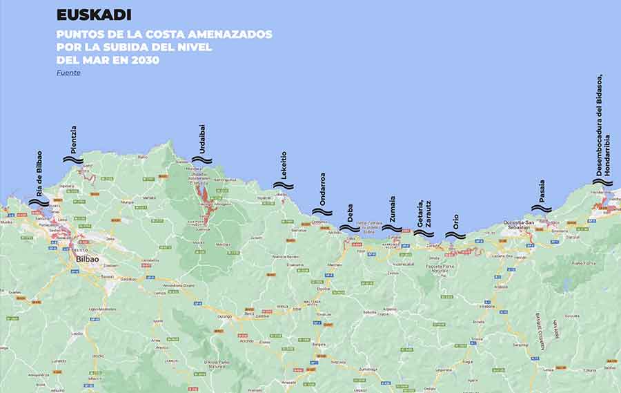 Puntos de la costa vasca amenazados por la subida del nivel del mar en 2030