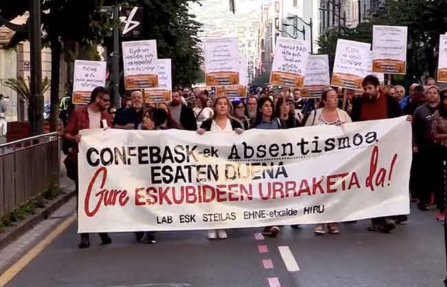 Manifestación de sindicatos vascos y Etxalde contra el discurso falso de Confebask sobre el absentismo